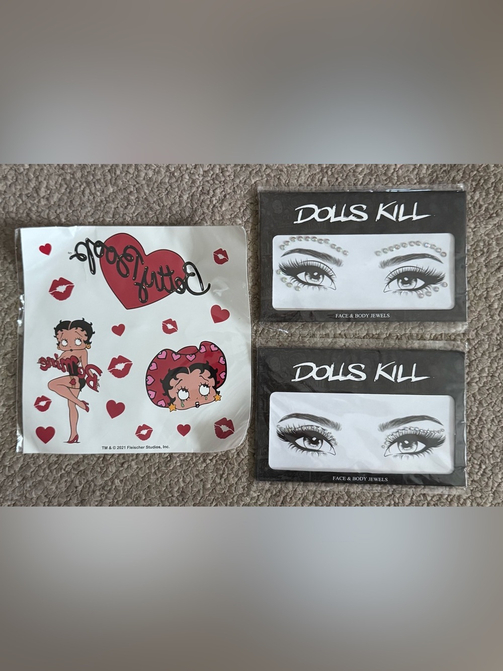 NWT New Dolls Kill Bundle Eye Gem Sets & Red Betty Boop Temp Tattoo Festival